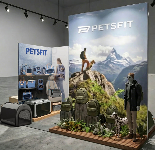 PETSFIT booth design render for SuperZoo 2026 — pet carriers, travel bags and accessories display at Booth 10944