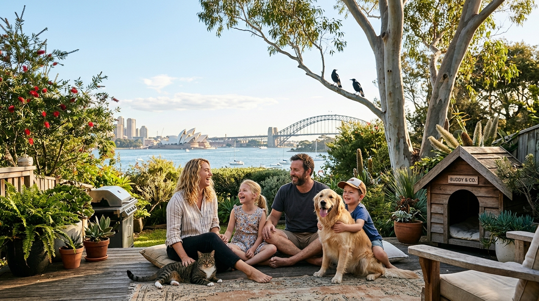 Australia pet ownership reaches 73% — happy family with dogs and cats in sunny Australian backyard with Sydney landmarks