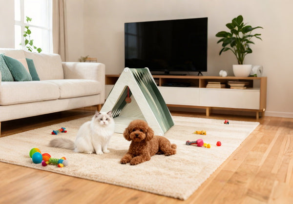 SUNNYPET woven ribbon cat house in modern living room with white cat and brown poodle